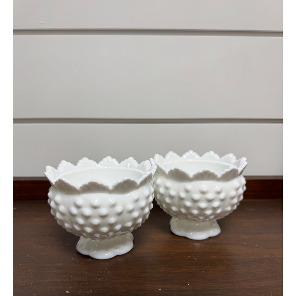 Fenton White Milk Glass Hobnail Scalloped Pedestal Votive Planter Set of 2